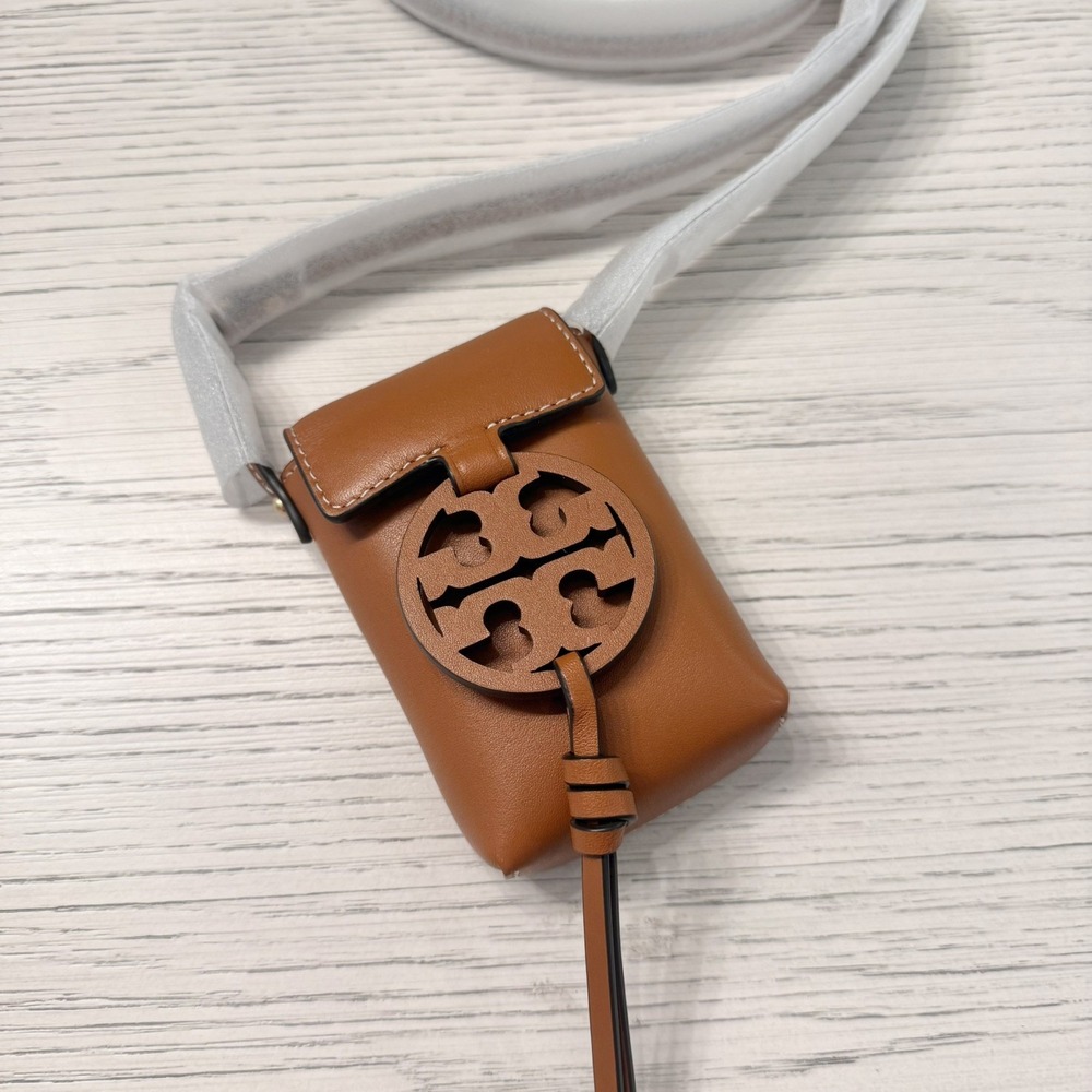Tory Burch Tan Leather Crossbody Phone Pouch with Logo Medallion